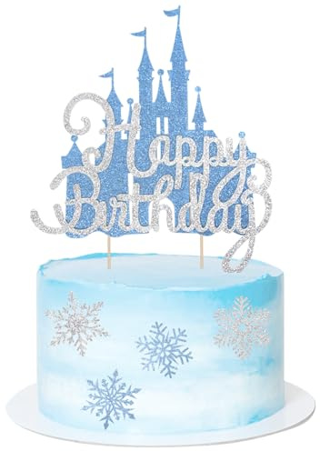 2Pcs Ice Castle Cake Toppers Double Layer Silver Blue Snowflake Cupcake Toppers Winter Wonderland Cake Decorations for Princess Happy Birthday Baby Shower New Year Party Supplies