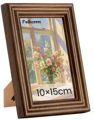 Feihorrm Vintage Bilderrahmen, 10x15 cm Walnuss Massivholz Bilderrahmen, Mit gehärtetem Glas,Walnuss Fotorahmen, Geeignet für Wand- und Tischdisplays (Dunkel Braun, 10x15 cm)