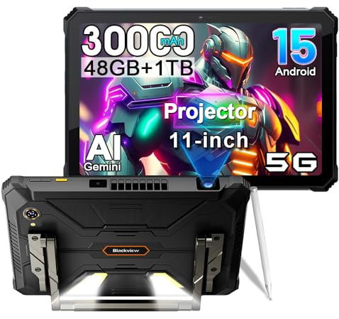 Blackview Active 12 Pro (48Go+1To) 30000mAh Tablette Tactile Incassable avec Projecteur, Ecran 11'' FHD+, 5G Incassable Tablet Android 15, 108MP+50MP, 2 Haut-Parleur Stéréo,IP68,NFC,GPS,OTG,FM