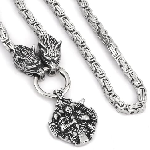 RZRPYFMM Viking Odin Axe Pendant Necklace Double Wolf Head Chain Celtic Knot Necklace Men's Antique Scandinavian Amulet Jewelry