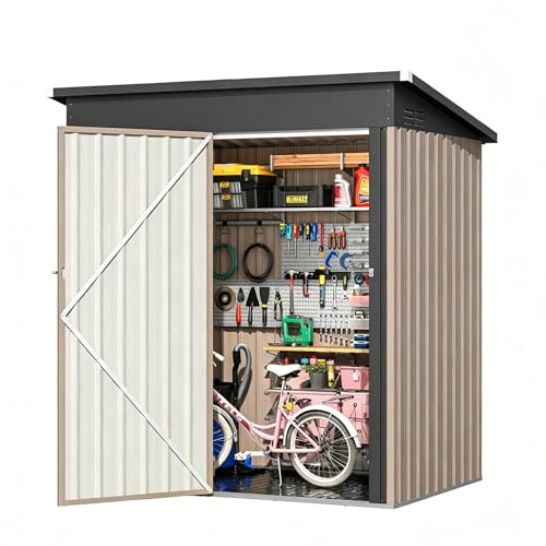 YODOLLA Abri de Jardin Métal, Cabane de Jardin Extérieur avec Sol Intégré & Toit Incliné, Porte Coulissante, Résistant aux Intempéries, Rangement Outils pour Jardin & Stockage（Gris, 162 x 101 x 185cm）