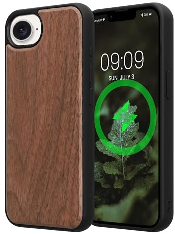 kwmobile Echtholz Schutzhülle kompatibel mit Apple iPhone 17e / iPhone 16e Hülle - Cover aus Holz und TPU - Kompatibel mit MagSafe - Case in Dunkelbraun Holz