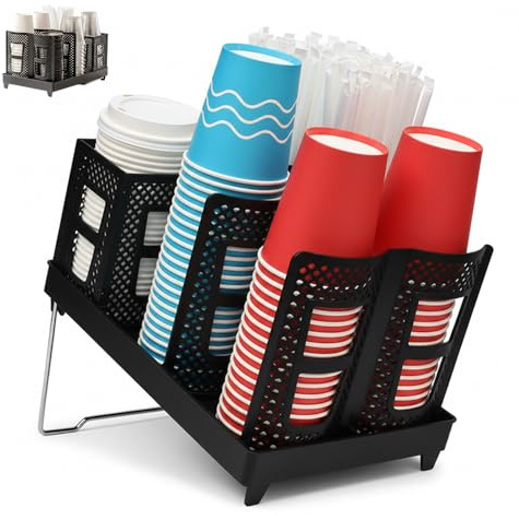 OWATRKDEY 2 Tier Coffee Cup Holder for Counter, Cup Organiser with Straw Holder, Space Saving Cup Dispenser for Coffee Station, Kitchen or Office