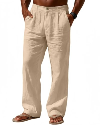 Casuayaloo Men's Linen Trousers Lightweight Summer Beach Pants Loose Fit Elastic Waist Zipper Trouser