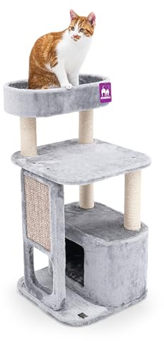 Petrebels Kitten Kratzbaum für Kleine Katzen, Little Rock 99 cm, Grau | kompakt und komplett, Ø 7 cm Stämme, mit Kratzbrett und Schlafhöhle, geeignet für kleine Katzen und Kätzchen