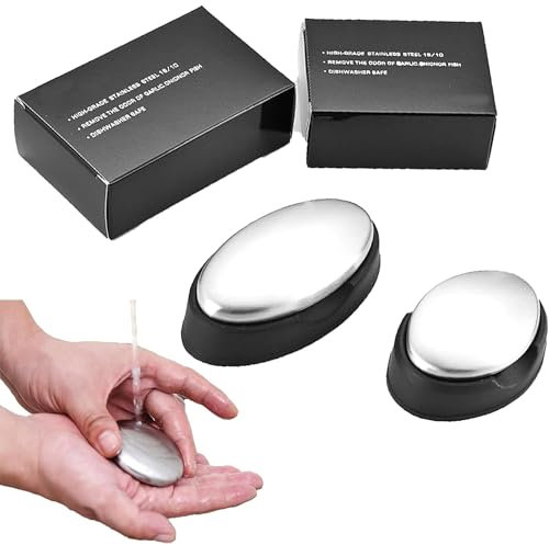 DXIA 2Pcs Savon en Acier Inoxydable, Savon d'acier, Savon Anti Odeur décapant d'odeur avec Le Plateau de Base, Portable Magic Savon, pour Eliminer Les Odeurs de Cuisine Bar Remover