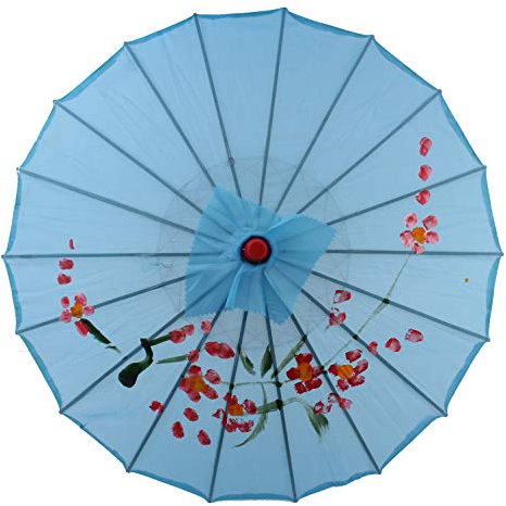 AAF Nommel Sonnenschirm Deko Schirm Kunstfaser wasserfest Bambus Holz Bali Ø 55cm (Blau)