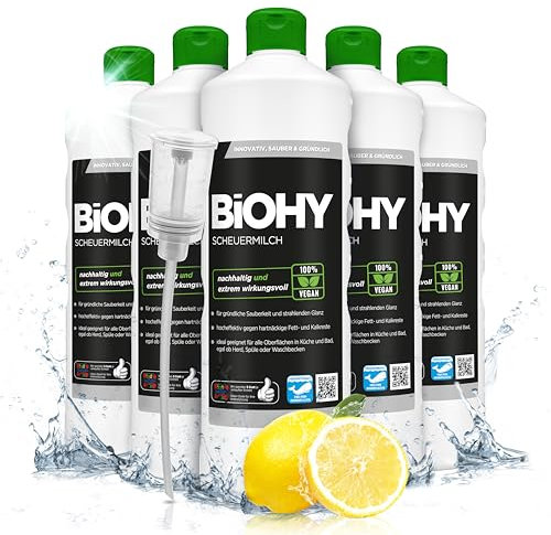 BiOHY Scouring Milk (6 x 1l Bottle) + Dispenser | effortlessly removes Burnt-in Food residues | Thorough Cleaning Without Scratching | for Enamel, Ceramic & Stainless Steel (Scheuermilch)