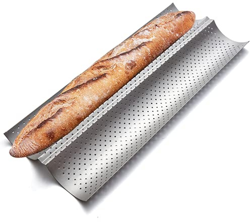 KITESSENSU Nonstick Baguette Pans for French Bread Baking, Perforated 2 Loaves Baguettes Bakery Tray, 15 x 6.3, Silver