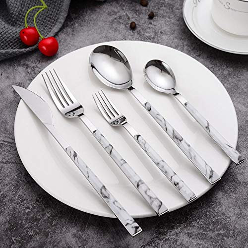 Jaeknxcg Ménagère en acier inoxydable Marbre haut de gamme blanc 5 pièces Couverts de Table Cuillère Fourchette Fourchette Cadeau ou Cuisine & Maison