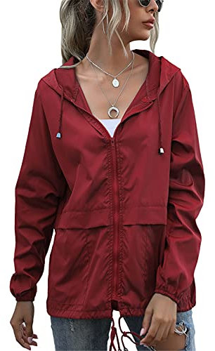 SotRong Jacke für Damen, Windjacke, leicht, verstaubar, wasserdicht, für Outdoor, Radfahren, Laufen, Reißverschluss, mit Kapuze, schnell trocknend, regenfest, weinrot, 38