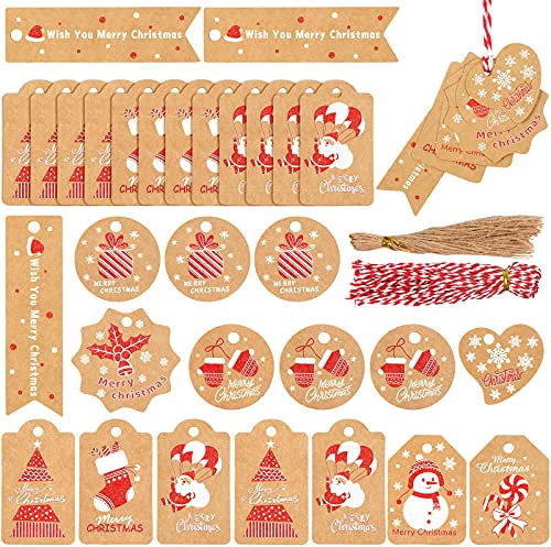 Geschenkanhänger Weihnachten 100 Stück, Anhänger Weihnachten Designs Christmas Tags, Weihnachten Kraftpapier Tags mit Saiten für Weihnachts Geschenk Label Präsentieren Dekoration