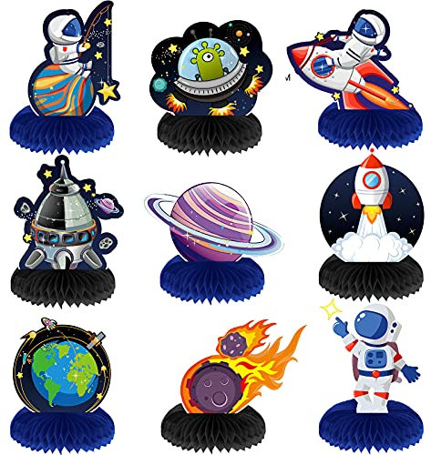 Marspark 9 Pcs Outer Space Themed Honeycomb Centerpiece Outer Space Decorations Birthday Party Table Toppers Double Sided Table Decorations Planet Rocket Astronaut Ufo Solar System Party Supplies