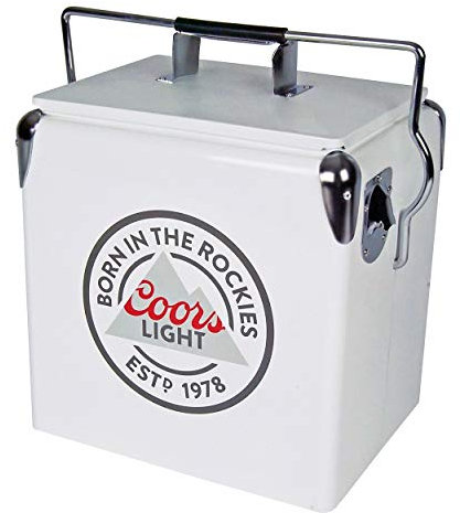 Coors - Hielera ligera con abrebotellas, estilo vintage, aislada para camping, playa, picnic, RV, barbacoas, portón trasero, pesca, caja de hielo con cinturón de acero, 13 L