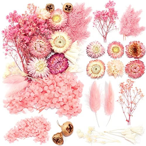 iDattel Fleurs Séchées Naturelles - Mélange pour Travaux Manuels, Résine, Scrapbooking, Fabrication de Cartes (Rose et Blanc)