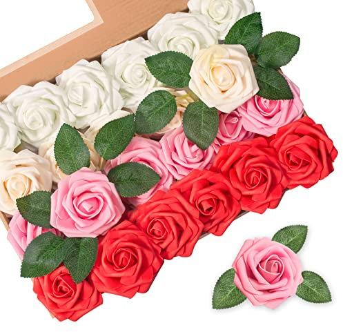 OWill 24 Artificial Roses Flowers for Decoration Artificial Flowers Foam Fake Rose Flower Head Gift Box For Wedding Bouquets, Party Decorations, Gifts, Real Touch (Red combination)