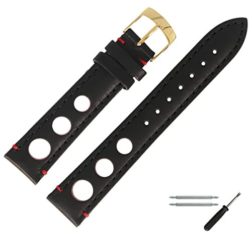 MARBURGER Uhrenarmband 22mm Leder Schwarz Gold Mit Naht - Montage Set 7732210410220