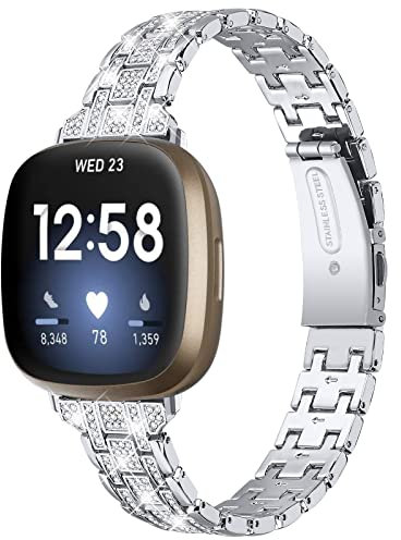 Metallarmband Kompatibel mit Fitbit Versa 4/Fitbit Sense 2/Fitbit Versa 3/Fitbit Sense Armband, Damen Herren Edelstahl Bling Strass Ersatzarmband Armband Zubehör Band Armband, Small/Large (Silber)