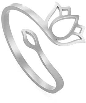 Lotus Blumen Ringe für Frauen Mädchen Floral Ring Band verstellbar Edelstahl Lotos Offener Ring Schmuck Geschenke für Geburtstag Jahrestag Neujahr Weihnachten (Stil 3-Silver)