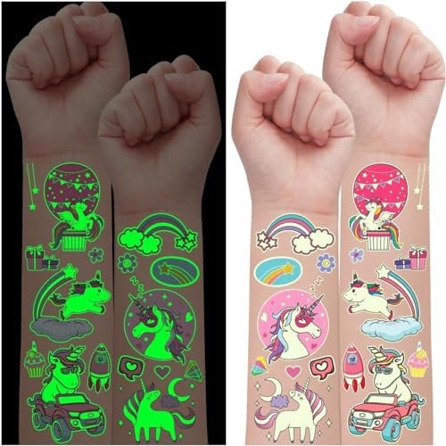 Leesgel 30 Fogli Unicorno Tatuaggi Bambina, Luminosi Temporanei, Gadget Compleanno Giocattolo Regali Ragazza
