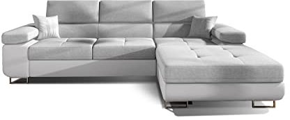 ALTDECOR Ecksofa rechts mit Schlaffunktion und Bettkasten mit Gasdruckfeder, Polstercouch in L-Form rechts angeordnet, rückenecht gepolstert, ideal als Gästebett - Mando 280x205x90 cm Hellgrau