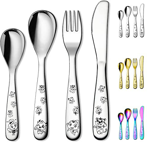 Berglander Couvert Enfant 4 pièces, vaisselle de fourchette et de cuillère de sécurité pour enfants, vaisselle à bord lisse miroir poli, sécurité lave vaisselle