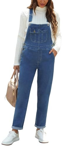 Roskiky Salopette da donna in denim, elasticizzati, dritta, in jeans, vestibilità normale, con cinghie regolabili, Blu, S
