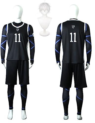 Tjmiaohao Anime Blue Lock No.11 Nagi Seishirou Cosplay Kostüm Outfit Football Jersey Sportswear Uniform Full Set Halloween Karneval Dress Up Anzug mit Perücke für Männer Jungen (XXXL)