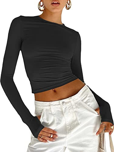 Women's Slim Fit Crop Tops Casual Solid Color Crew Neck Long Sleeve Tight T-Shirt Basic Blouse Tee Tops (X-Black with Thumb Holes, M)
