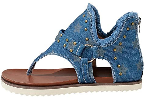 Damen Trendige Sandalen Sandalen für Sommer Mode Stern Print Flache Schuhe Retro Flip Flops Stern Print Nieten Dekor Trim Tanga Sandalen mit Fußgewölbeunterstützung Frauen Sommer Sandalen, blau, 38 EU