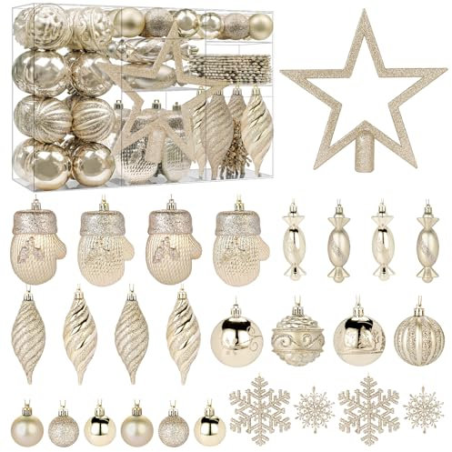 Alupssuc 80Pcs Christmas Baubles Ornaments Set, Christmas Tree Decorations, Shatterproof Plastic Christmas Hanging Balls with Hooks for X-mas Party Wedding Holiday, Champagne Gold