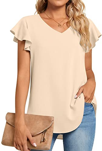 TAOHUADAO Womens 2024 Summer Casual Dressy Shirts V Neck Tunic Ruffle Short Sleeve Chiffon Tops Comfy Blouse X-Large, Khaki