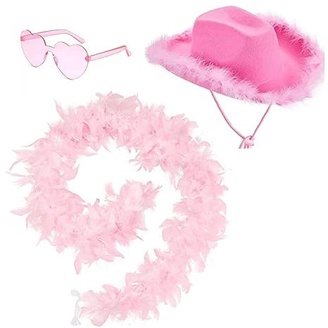 ZOOMPIL Rosa Cowboyhut, Cowgirl Hut, mit Herzbrille Und Federboa, Filz Cowboy Kostümzubehör für Erwachsene Partyhut und Play Dress-Up, Rosa