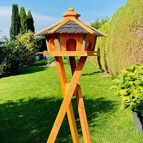 DARLUX Vogel Futter Haus L oder XL Sechseck Holz Vogelhaus Futterstelle Braun/Blau, Rot, Schwarz und Grün (Größe L mit Ständer, Schwarz - Braun)