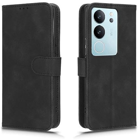 GOKEN Leder Folio Hülle für Vivo V29 5G, Lederhülle Brieftasche Mit Kartensteckplätzen, Premium Flip PU/TPU Handyhülle Schutzhülle Case Cover mit Ständer Funktion -Schwarz