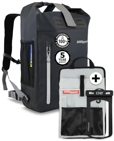 Overboard Schwarzer wasserdichter Rucksack, 30 l, Roll-Top, schwimmende Trockentasche für Kajakfahren, Strand, Bootfahren, Wandern, Angeln, Rafting, inklusive wasserdichter Handytasche und