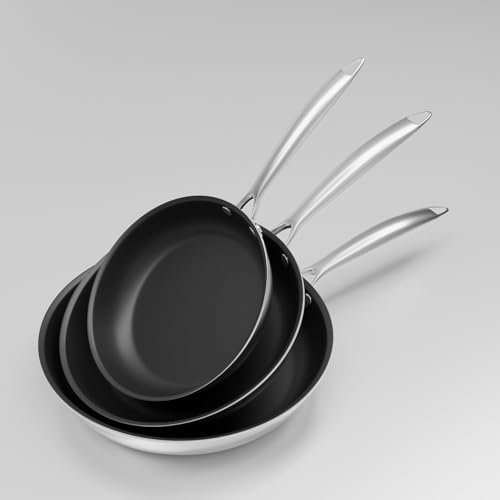 COOKNANO Bratpfannen, Set 3-teilig (20 cm + 24 cm + 28 cm), 4-Schicht-Edelstahl-Antihaftpfanne, Ergonomischen Griff, für alle Herdarten inkl. Induktion
