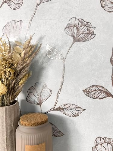 Newroom Vliestapete Grau Blumentapete Floral Landhaus Wohnzimmer | Metallic-Schimmer auf Blüten und Blättern, silber-braun changierend, wolkige Putzstruktur, Mustertapete, Landhausstil