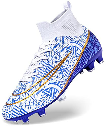 DimaiGlobal Fußballschuhe Herren High Top Spike Microfaser Cleats Professionelle Fussballschuhe Jugendliche Athletics Trainingsschuhe Outdoor Sportschuhe Fußball Stiefel 35EU Weiß