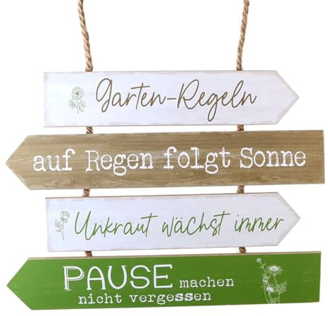 Holzschild Gartenregeln mit 4 Sprüchen - Auf Regen folgt Sonne - Schild Garten Unkraut Deko Wintergarten Terrasse 35 x 27 cm