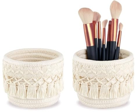 Kotkiddy 2 Stück Make-up-Pinselhalter, Organizer, Kammpinsel, Mini-Aufbewahrungskorb, Körben mit Boho-Dekor für Stifte, Bleistiftbox, Behälter, 10×10cm(Weiß)