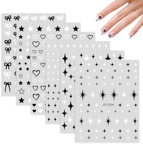 Abeillo 6 Sheets Black White Nail Stickers, Self-Adhesive Nail Art Decals, Nail Decoration Supplies for Women Girls Manicure