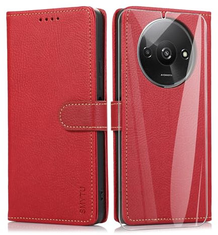 SMYTU Coque pour Xiaomi Redmi A3 4G (6,71) + Verre Trempé,Protection Portefeuille Case Cover de Magnétique,Housse en Cuir Case Xiaomi Redmi A3 4G - Rouge
