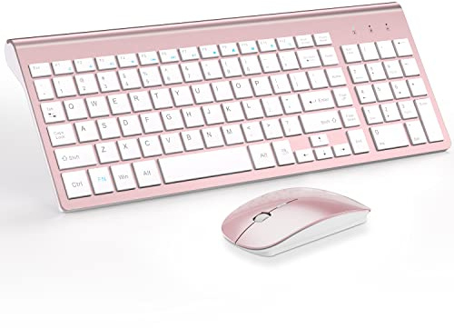 TopMate Wireless Keyboard and Mouse Ultra Slim Combo, 2.4G Silent Compact USB Mouse and Scissor Switch Keyboard Set with Cover, 2 AA and 2 AAA Batteries, for PC/Laptop/Windows/Mac - Rose Gold White