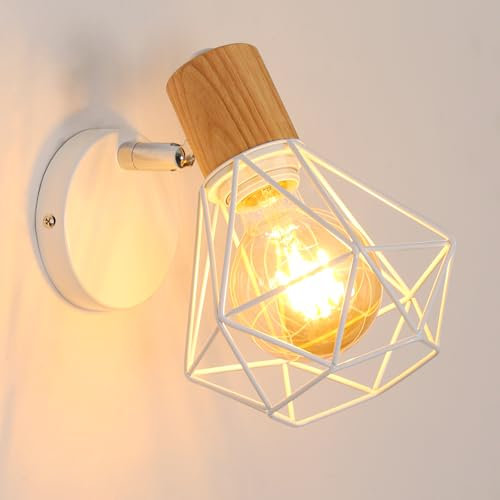Comely Applique Murale Interieur Vintage, Réglable 180° Moderne Lampe Murale en Bois Métal, Rétro E27 Luminaire Applique Interieur pour Chambre Couloir Salon Cuisine, Blanc