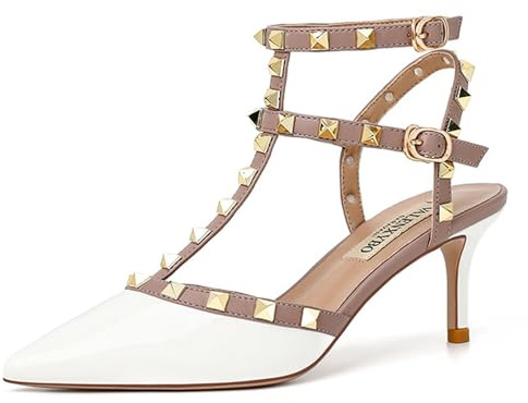 FamMe Damen-Pumps mit Nieten, Slingback-Kitten-Heels, spitzer Zehenbereich, T-Knöchelriemen, Stiletto-Sandalen, Hochzeits-Party-Kleid, Pump-Schuhe