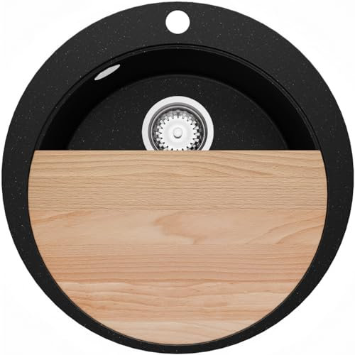 PRIMAGRAN Evier cuisine Granit Rond Noir Métallisé 53x53cm, Evier 1 bac + Kit de Vidage + Planche à Découper, Lavabo Cuisine au meuble 50cm - Pise Max