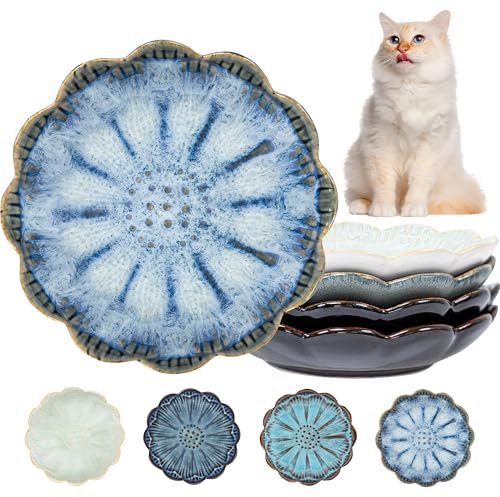 Qucey Lot de 4 assiettes plates en céramique pour chat - 14 cm - Passe au micro-ondes et au lave-vaisselle