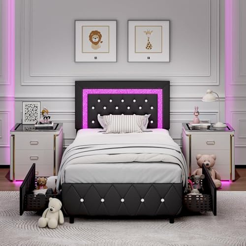 BarnFurin Twin Size Upholstered Bed Frame with Diamond Headboard,Black