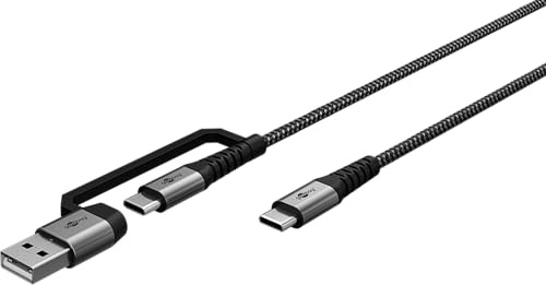goobay 70279 2 in 1 USB C auf USB C und USB A Kabel/USB-Textilkabel max. 60W und 480 Mbits/Adapter für USB-A Geräte/Laptop Tablet iPhone/Multi Adapter mit Knickschutz / 3m